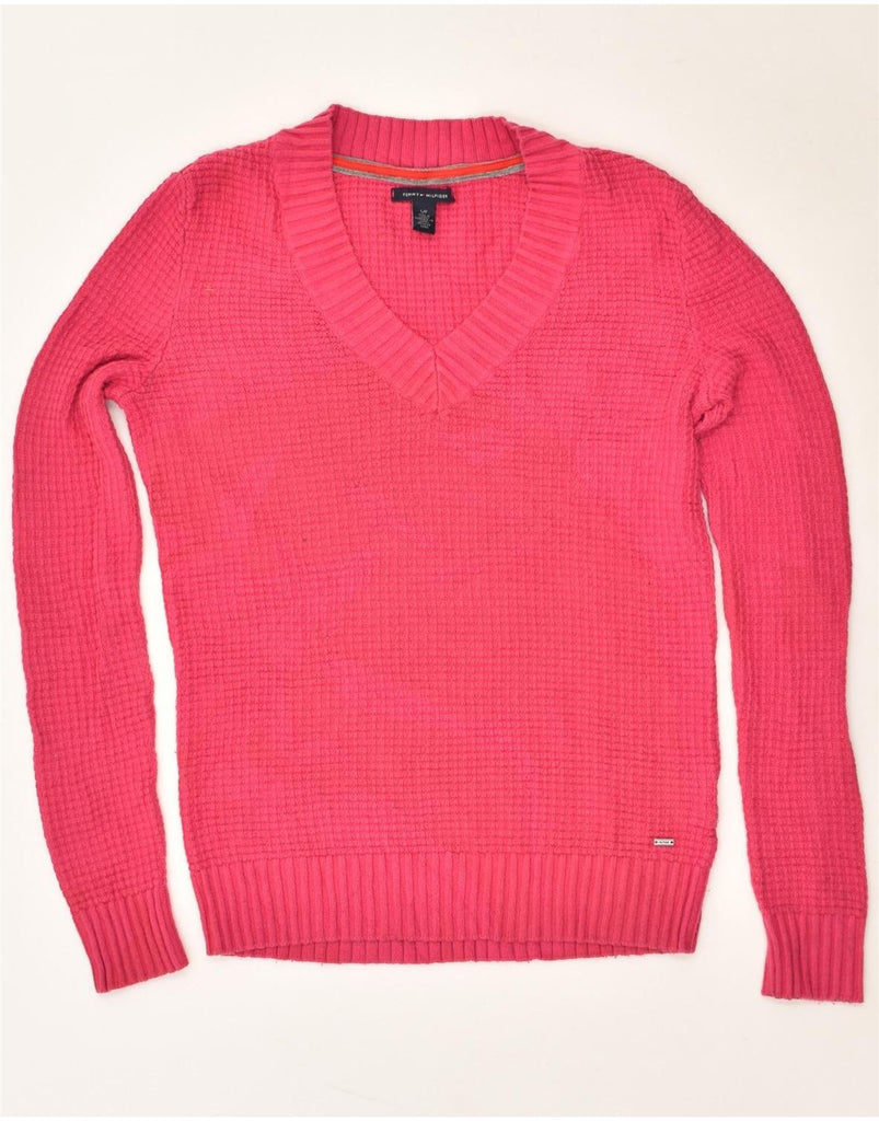 TOMMY HILFIGER Womens V-Neck Jumper Sweater UK 10 Small Pink Cotton | Vintage Tommy Hilfiger | Thrift | Second-Hand Tommy Hilfiger | Used Clothing | Messina Hembry 