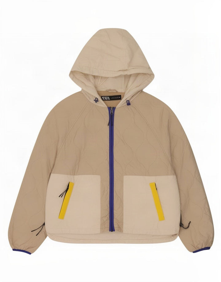 Zara Womens Hooded Quilted Jacket UK 16 Large Beige Colourblock Polyester