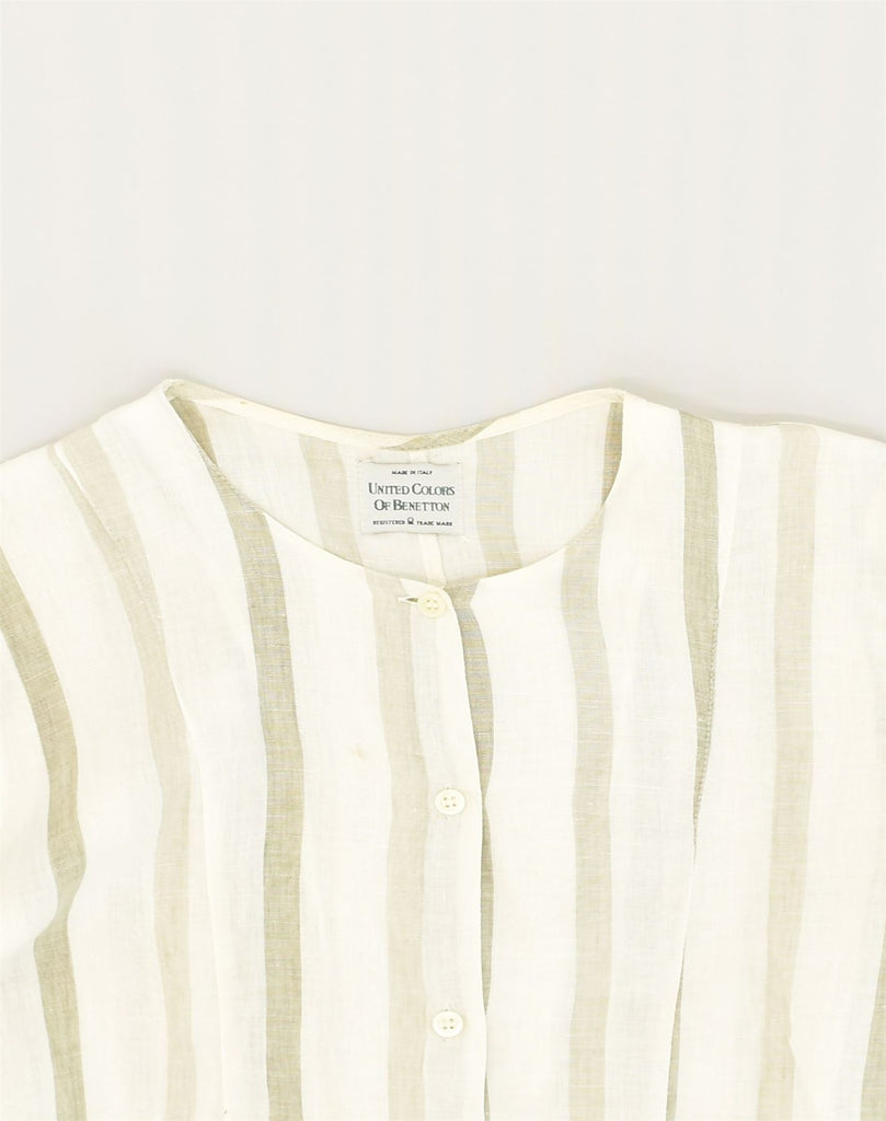 BENETTON Womens Short Sleeve Shirt Blouse UK 12 Medium White Striped Linen | Vintage Benetton | Thrift | Second-Hand Benetton | Used Clothing | Messina Hembry 