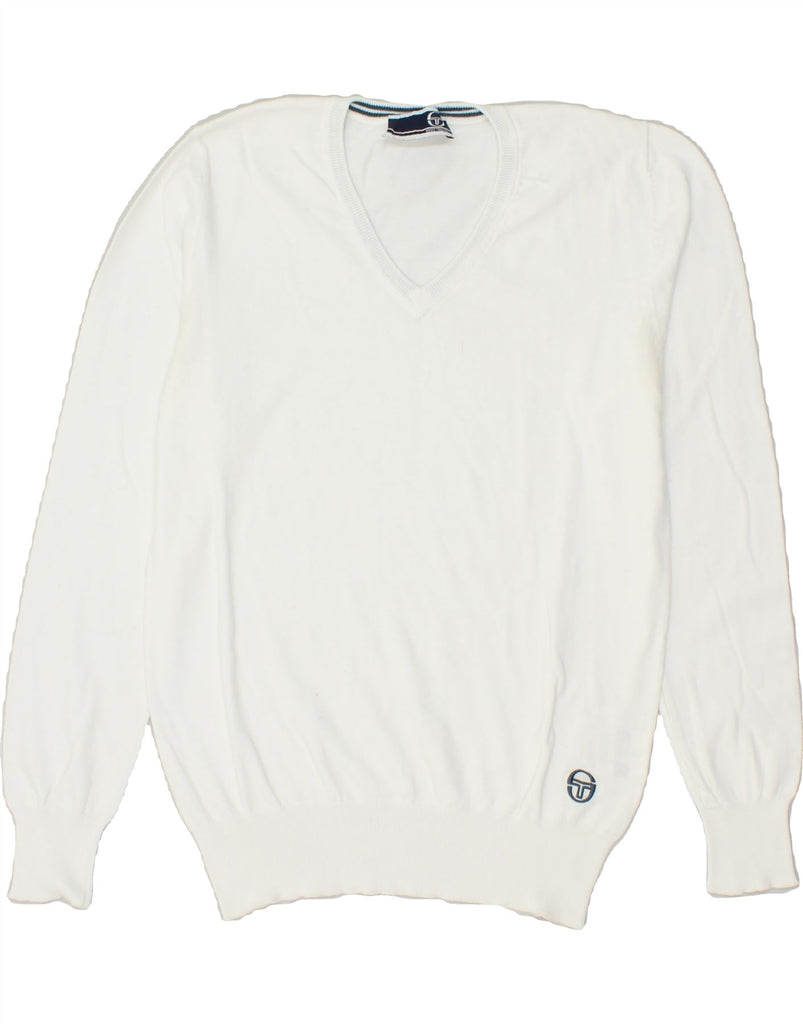 SERGIO TACCHINI Womens V-Neck Jumper Sweater IT 46 Large White Cotton | Vintage Sergio Tacchini | Thrift | Second-Hand Sergio Tacchini | Used Clothing | Messina Hembry 