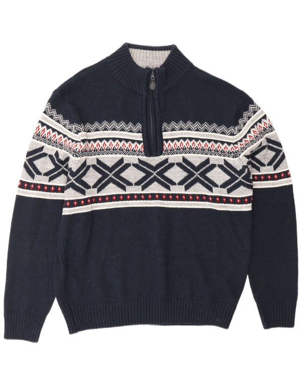 PULSE Mens Zip Neck Jumper Sweater XL Navy Blue Fair Isle Acrylic