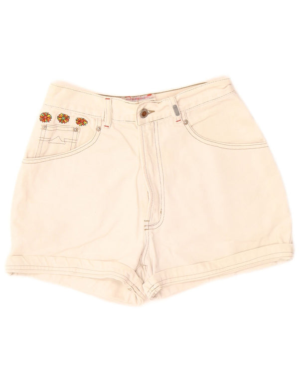 Vintage Womens Graphic Denim Shorts W30 Medium Off White Floral Cotton