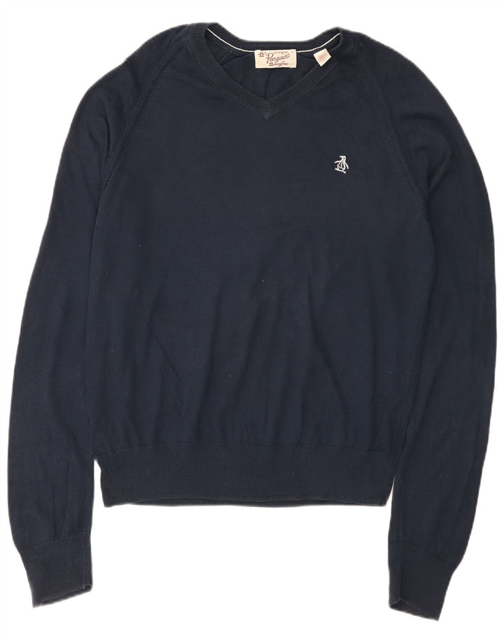 Penguin Mens V-Neck Jumper Sweater Large Navy Blue Cotton