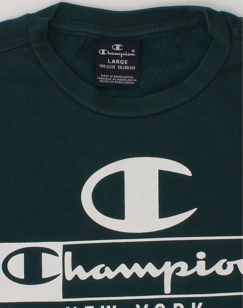 CHAMPION Girls Graphic Sweatshirt Jumper 11-12 Years Large Green | Vintage Champion | Thrift | Second-Hand Champion | Used Clothing | Messina Hembry 