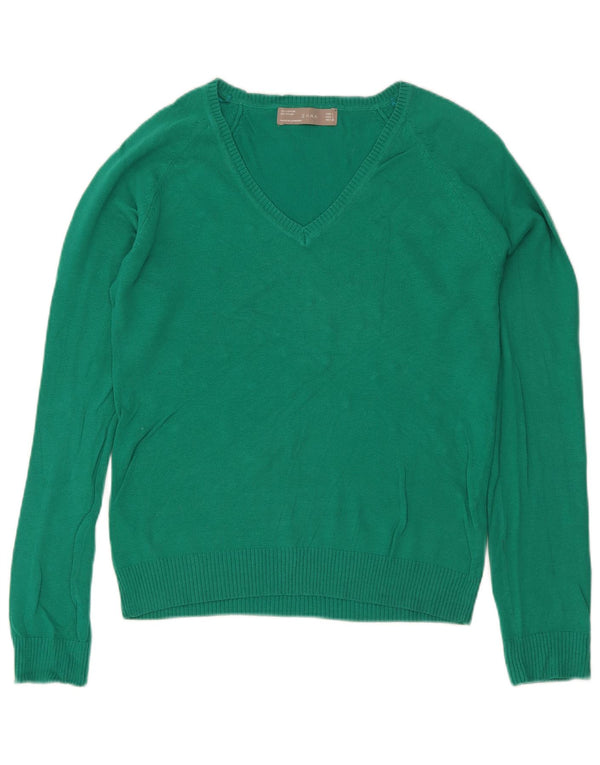 Zara Womens V-Neck Jumper Sweater UK 14 Large Green Cotton