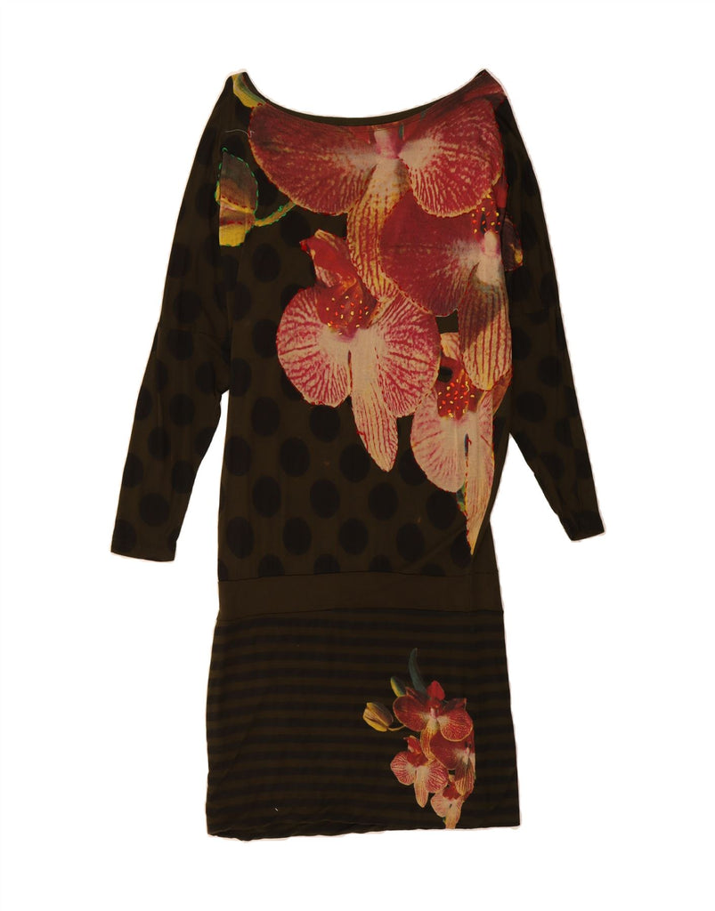 DESIGUAL Womens Graphic Drop Waist Dress UK 14 Medium Khaki Floral Vintage Desigual and Second-Hand Desigual from Messina Hembry 