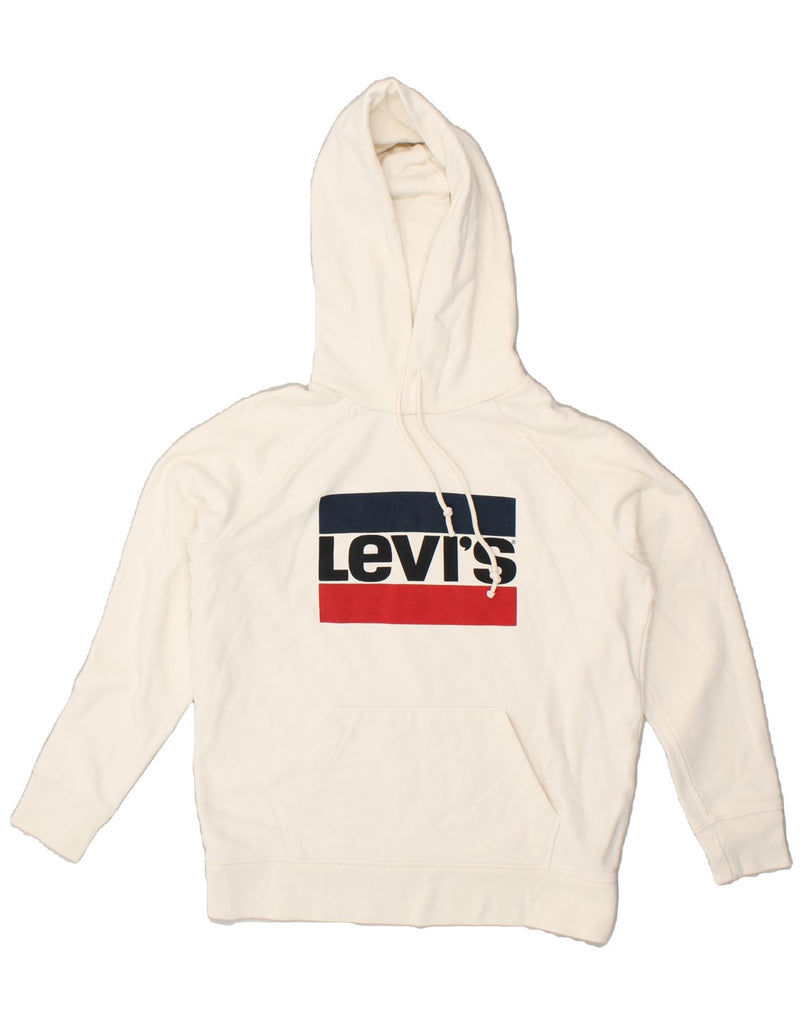 LEVI'S Womens Oversized Graphic Hoodie Jumper UK 10 Small Off White Cotton Vintage Levi's and Second-Hand Levi's from Messina Hembry 