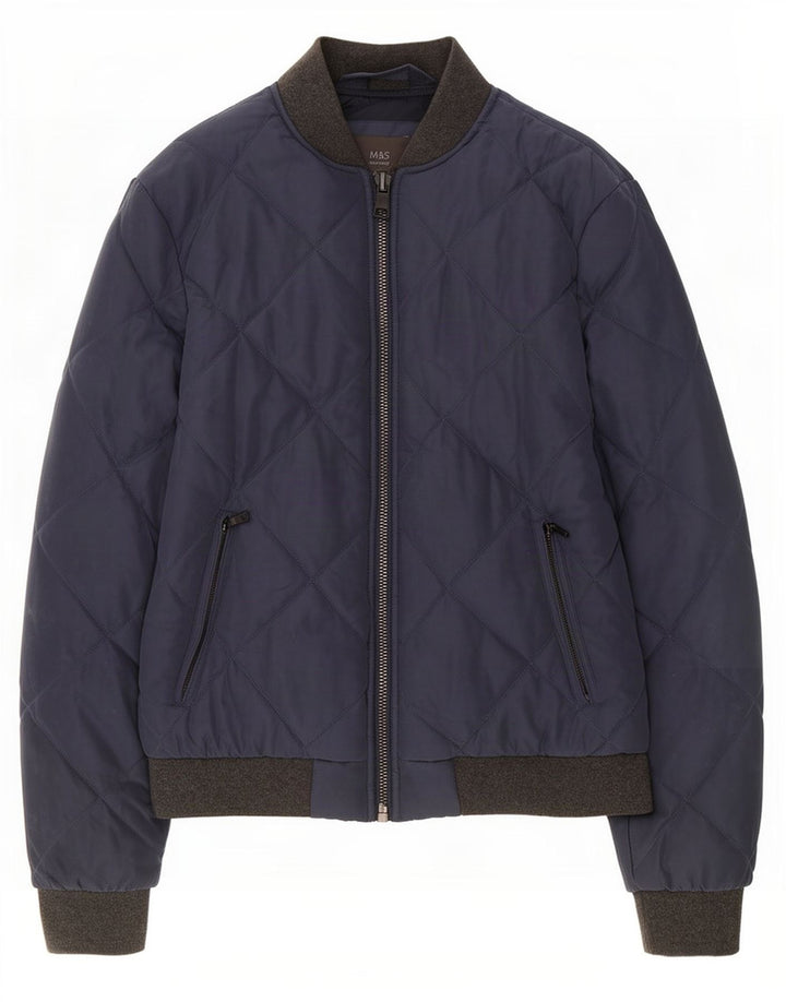 Marks & Spencer Mens Quilted Bomber Jacket UK 38 Medium Navy Blue Polyester