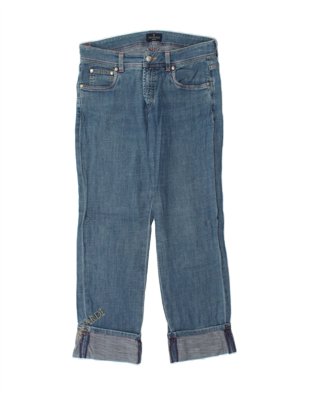 TRUSSARDI Womens Graphic Straight Jeans W28 L27 Blue Cotton Vintage Trussardi and Second-Hand Trussardi from Messina Hembry 