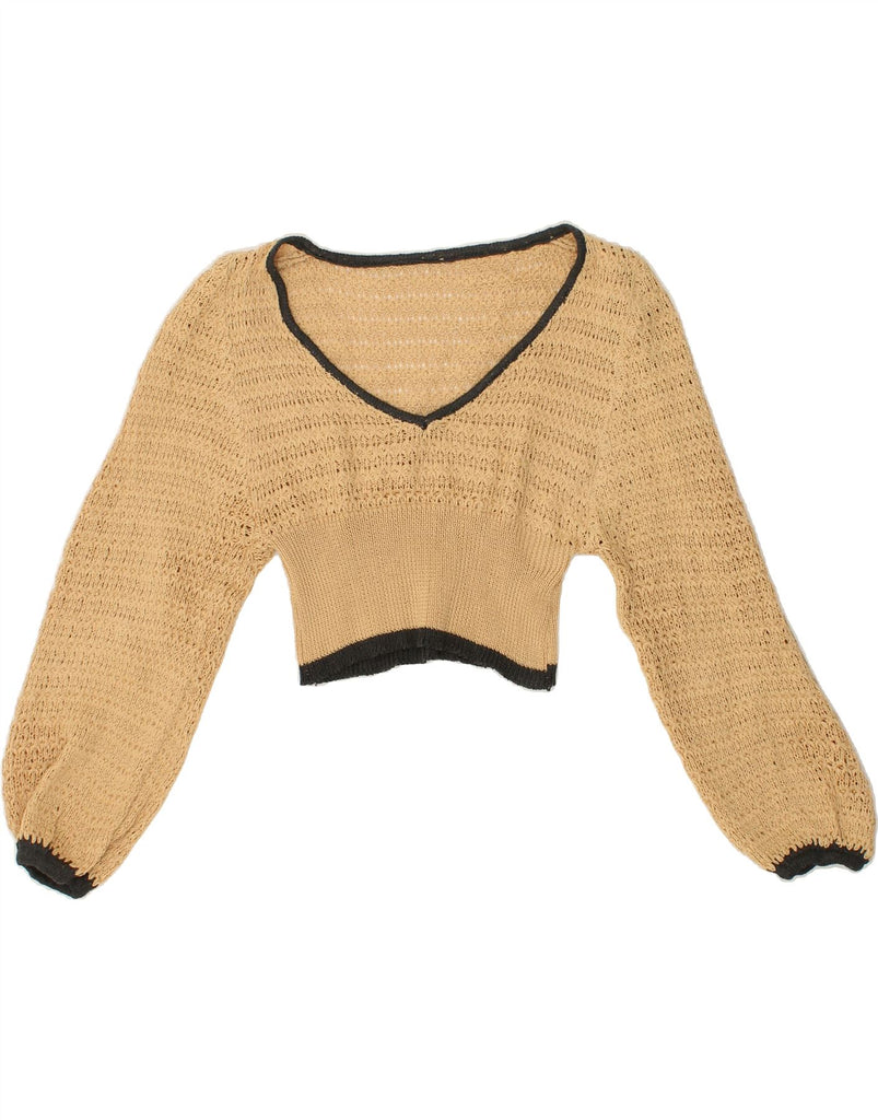 SHEIN Womens Crop V-Neck Jumper Sweater UK 12 Medium Beige Acrylic | Vintage Shein | Thrift | Second-Hand Shein | Used Clothing | Messina Hembry 