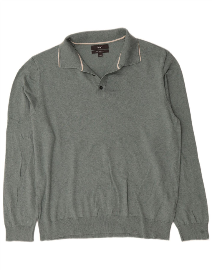Marks & Spencer Mens Polo Neck Jumper Sweater Large Green Cotton