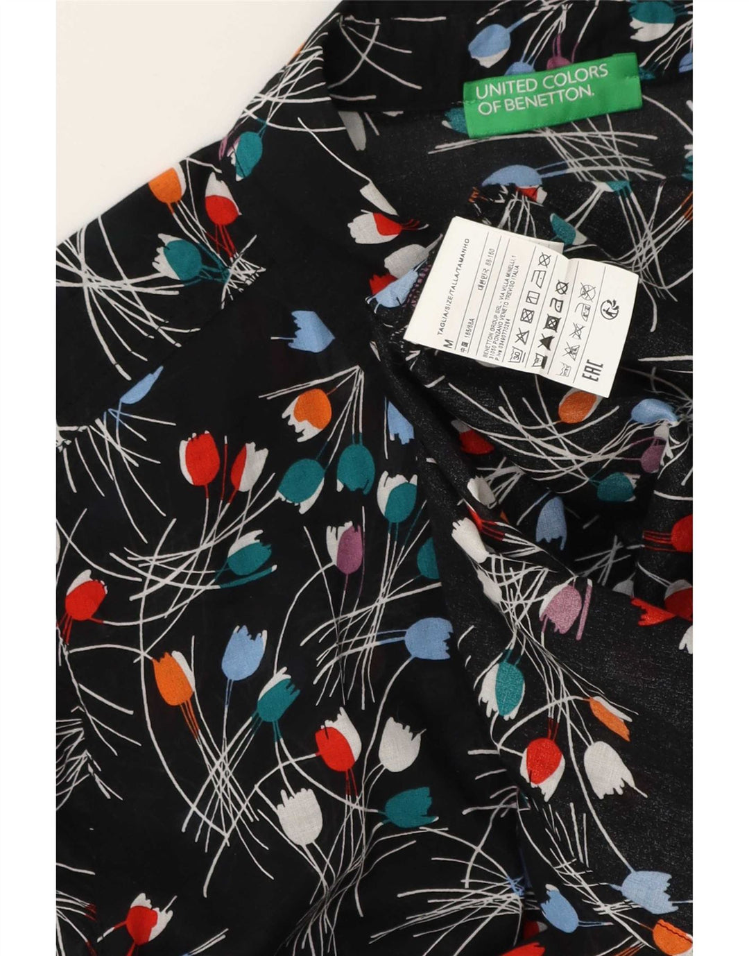 Benetton Womens Shirt UK 14 Medium Black Floral Cotton