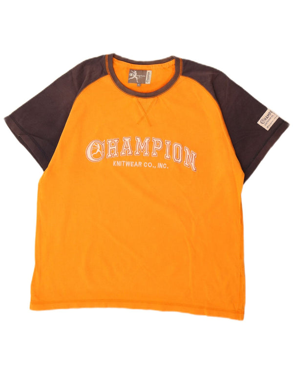 Champion Mens Graphic T-Shirt Top Large Orange Colourblock Cotton