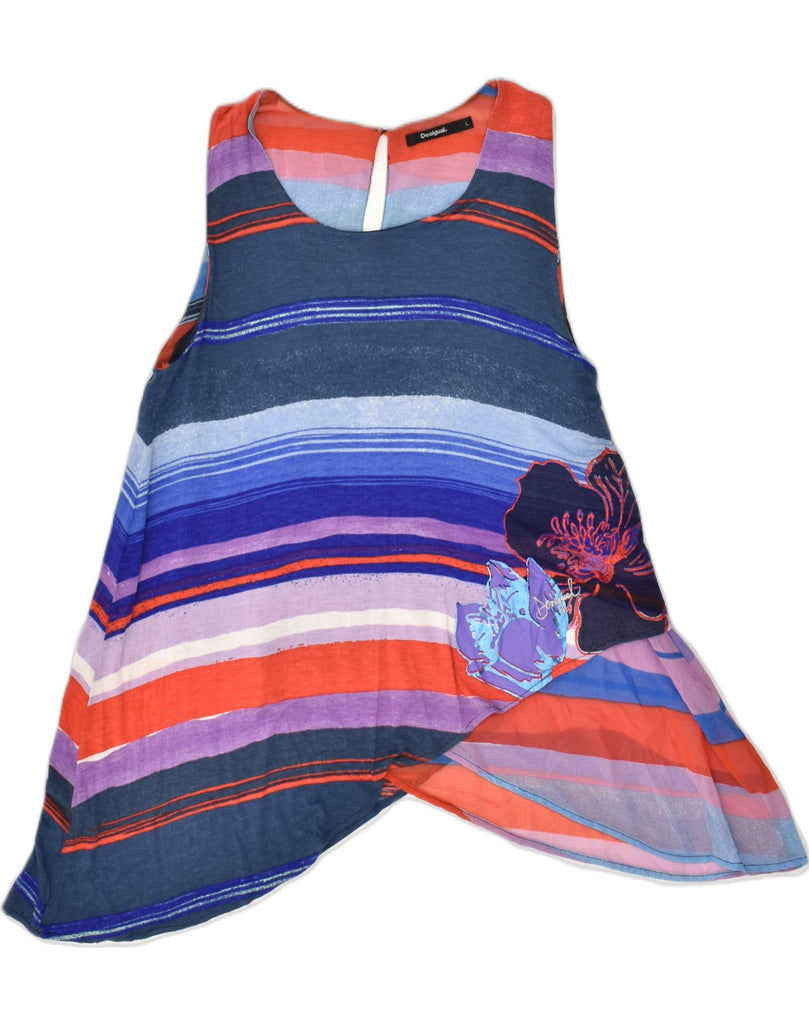 DESIGUAL Womens Asymmetric A-Line Dress UK 14 Large Blue Striped Polyester | Vintage Desigual | Thrift | Second-Hand Desigual | Used Clothing | Messina Hembry 