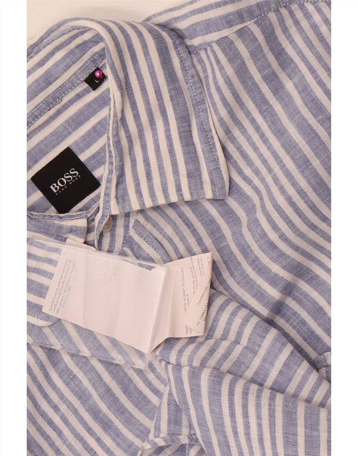 Hugo Boss Mens Shirt Large Blue Pinstripe Linen