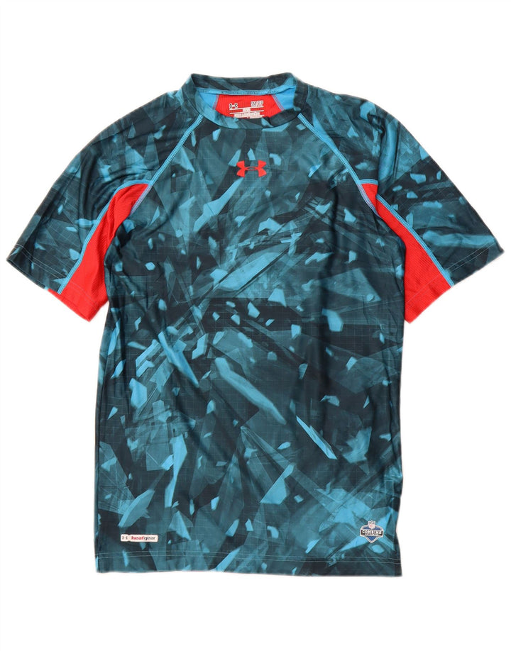 UNDER ARMOUR Mens Heat Gear T-Shirt Top Small Blue Geometric Polyester