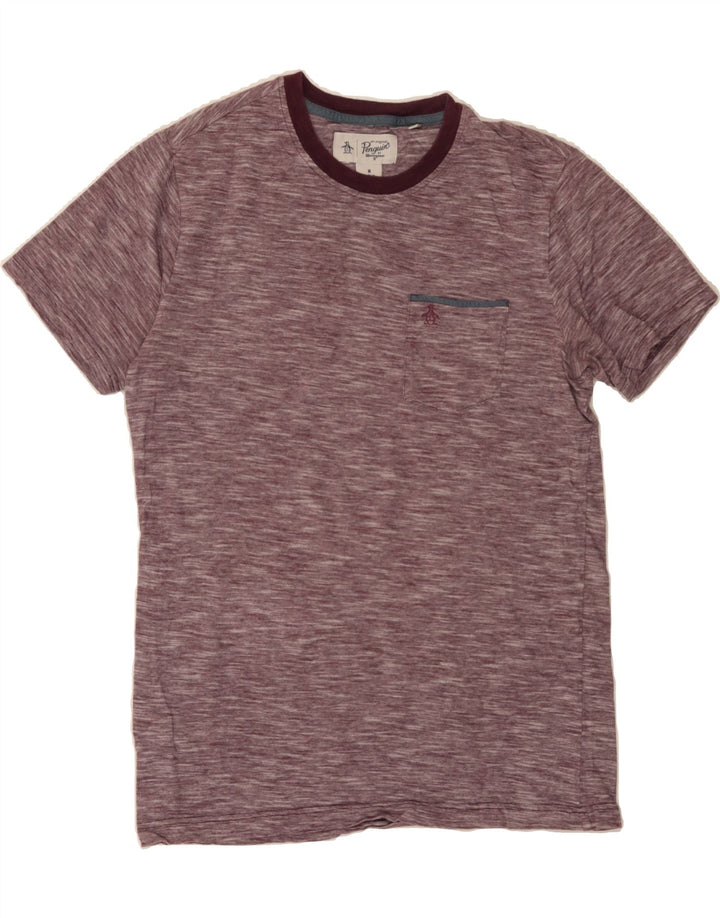 PENGUIN Mens T-Shirt Top Medium Burgundy Pinstripe Cotton Vintage Penguin and Second-Hand Penguin from Messina Hembry 