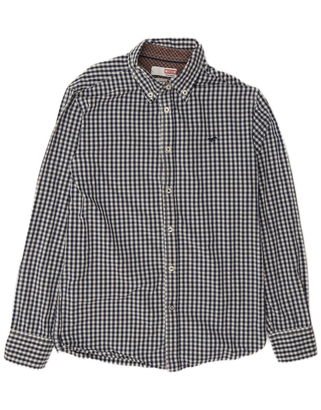 Mustang Mens Slim Fit Shirt Medium Navy Blue Gingham Cotton