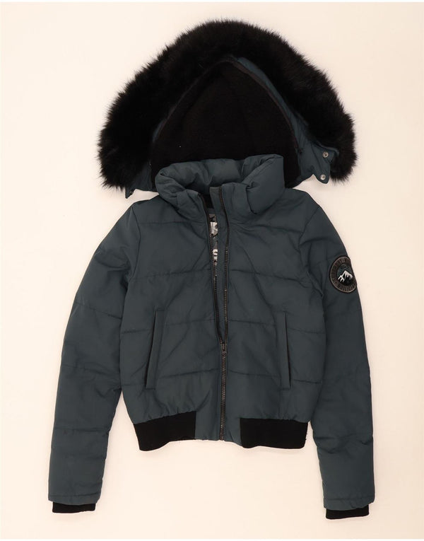 Superdry Womens Hooded Bomber Padded Jacket UK 14 Medium Blue Colourblock