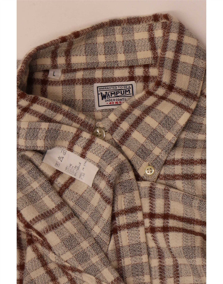 Wampum Mens Flannel Shirt Large Beige Check Cotton