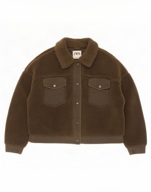 Zara Womens Crop Sherpa Jacket UK 14 Large Khaki Polyester