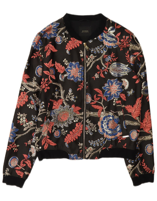 Guess Womens Bomber Jacket UK 6 XS Black Floral Polyester