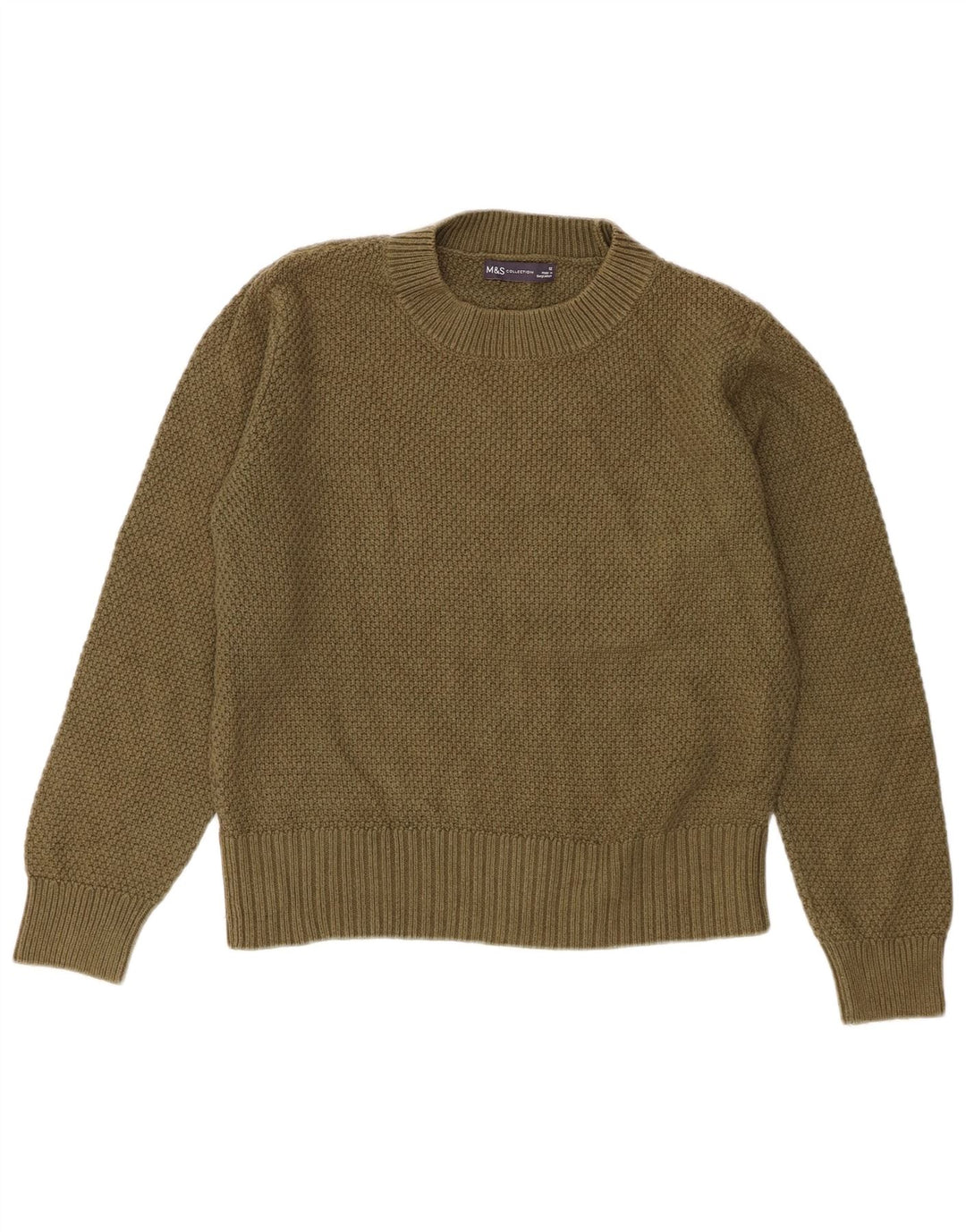 Marks & Spencer Womens Crew Neck Jumper Sweater UK 12 Medium Khaki Cotton