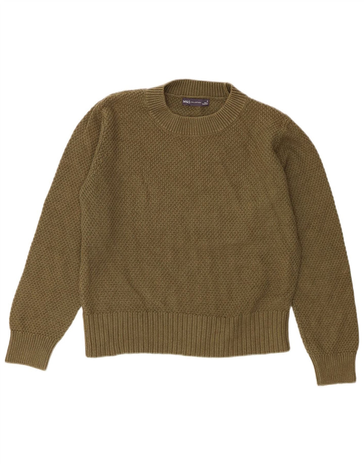 Marks & Spencer Womens Crew Neck Jumper Sweater UK 12 Medium Khaki Cotton
