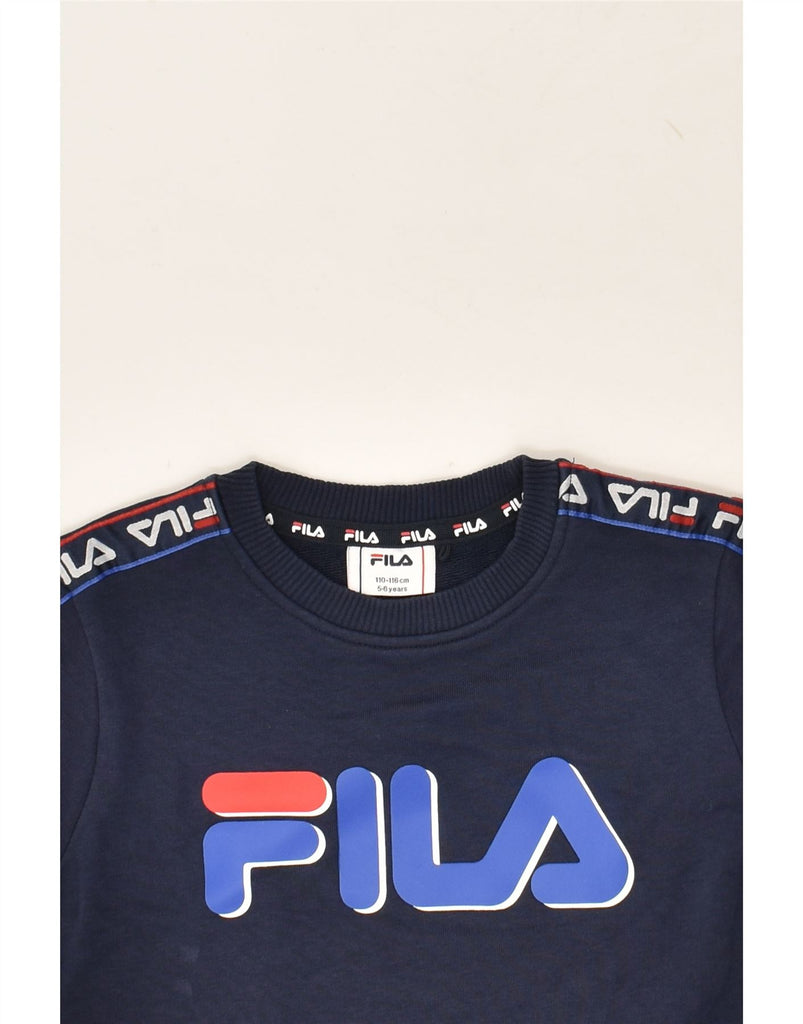 FILA Boys Graphic Sweatshirt Jumper 5-6 Years Navy Blue Colourblock Cotton | Vintage Fila | Thrift | Second-Hand Fila | Used Clothing | Messina Hembry 