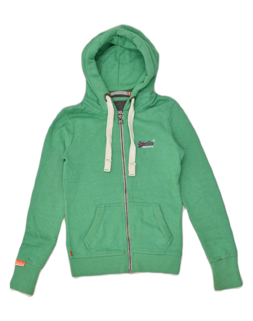 SUPERDRY Womens Zip Hoodie Sweater UK 2 2XS Green Polyester | Vintage Superdry | Thrift | Second-Hand Superdry | Used Clothing | Messina Hembry 