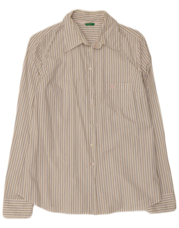 Benetton Womens Shirt UK 14 Large Off White Striped Cotton