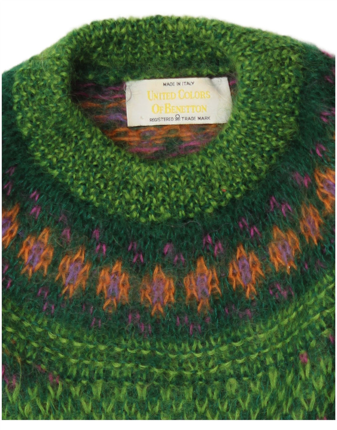 Benetton Womens Turtle Neck Jumper Sweater UK 14 Medium Green Fair Isle