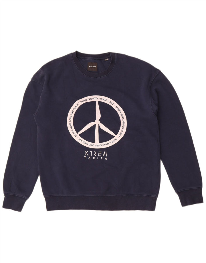 Jack & Jones Mens Graphic Sweatshirt Jumper Medium Navy Blue Cotton