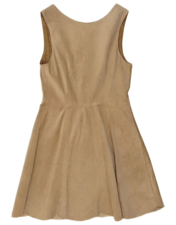 Vintage Womens Sleeveless Suede A-Line Dress UK 10 Small Beige Leather