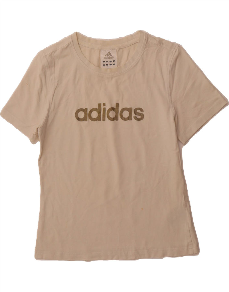 ADIDAS Womens Graphic T-Shirt Top UK 12 Medium Off White Cotton Vintage Adidas and Second-Hand Adidas from Messina Hembry 
