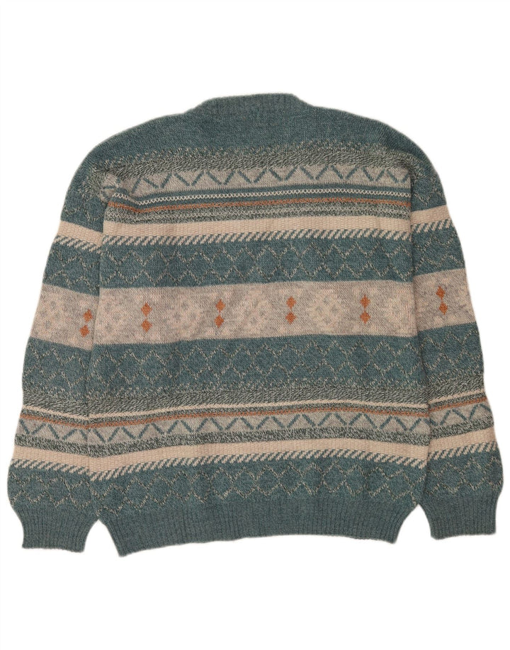 Vintage Mens V-Neck Jumper Sweater Large Blue Fair Isle Wool