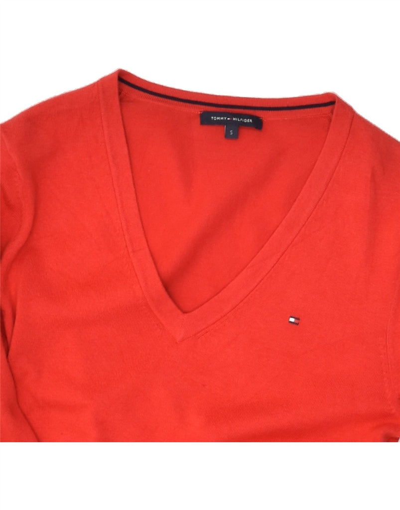 TOMMY HILFIGER Womens V-Neck Jumper Sweater UK 10 Small Red Cotton | Vintage Tommy Hilfiger | Thrift | Second-Hand Tommy Hilfiger | Used Clothing | Messina Hembry 