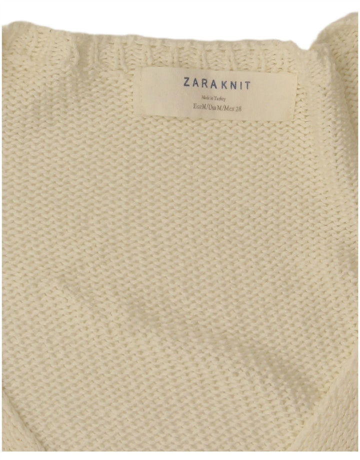Zara Womens Short Sleeve V-Neck Jumper Sweater UK 14 Medium Off White