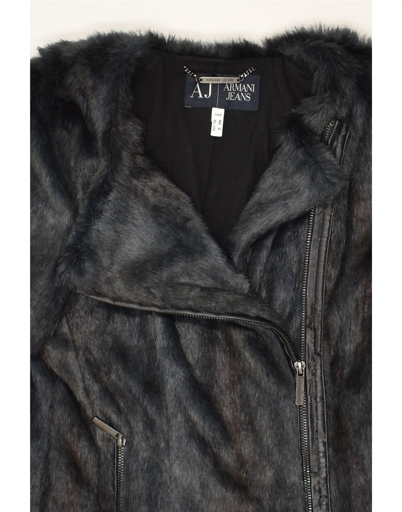 ARMANI Womens Faux Fur Jacket US 4 Small Navy Blue Acrylic | Vintage Armani | Thrift | Second-Hand Armani | Used Clothing | Messina Hembry 