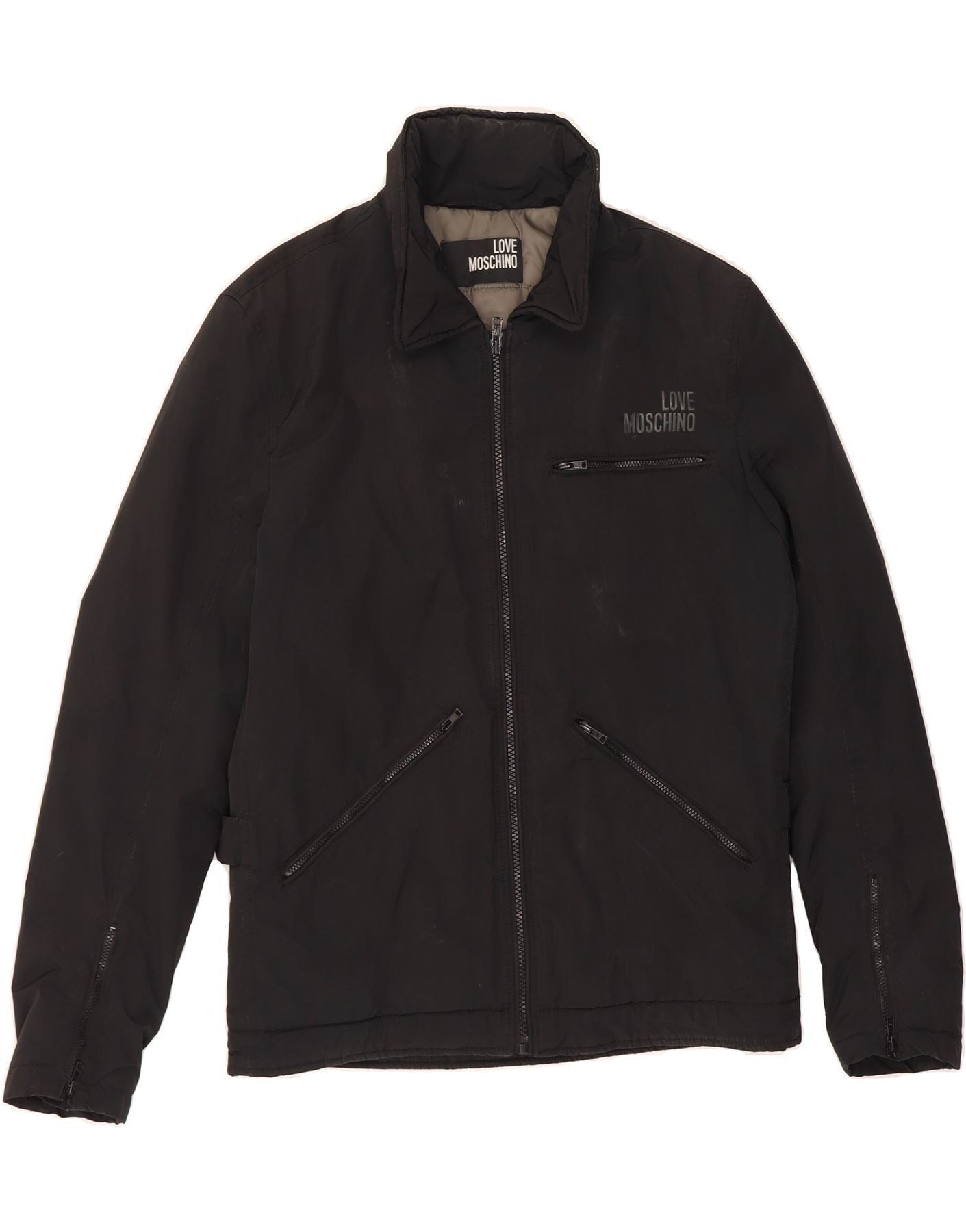 MOSCHINO Mens Graphic Bomber Jacket UK 38 Medium Black Polyester