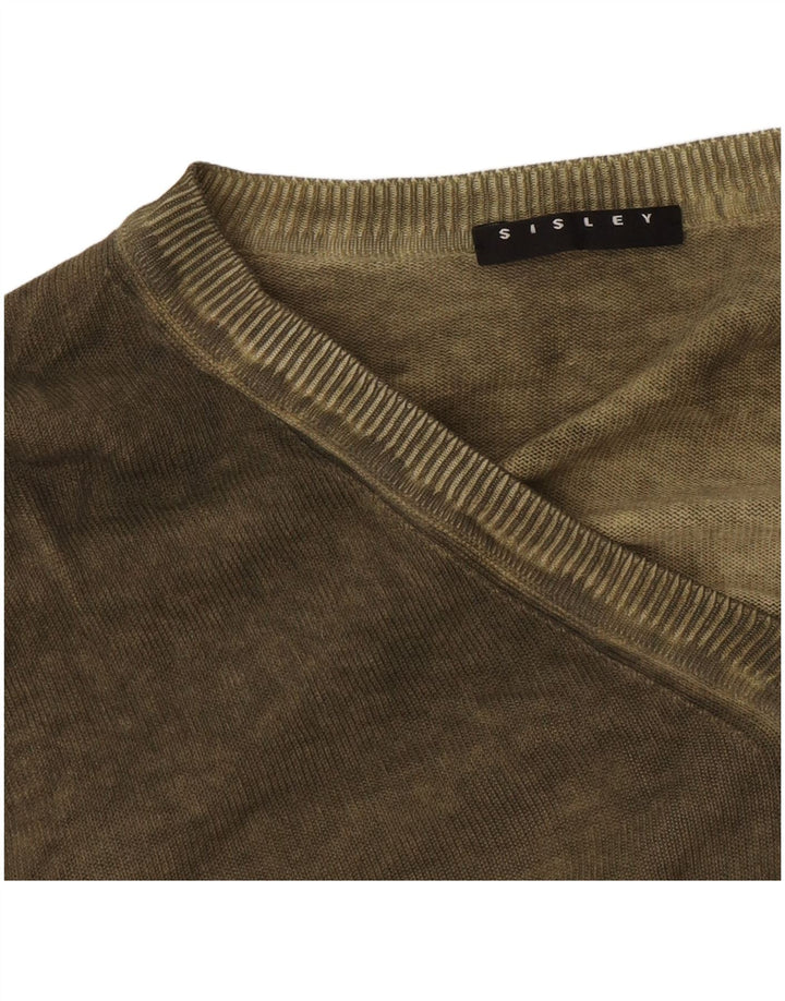 Sisley Mens V-Neck Jumper Sweater Large Khaki