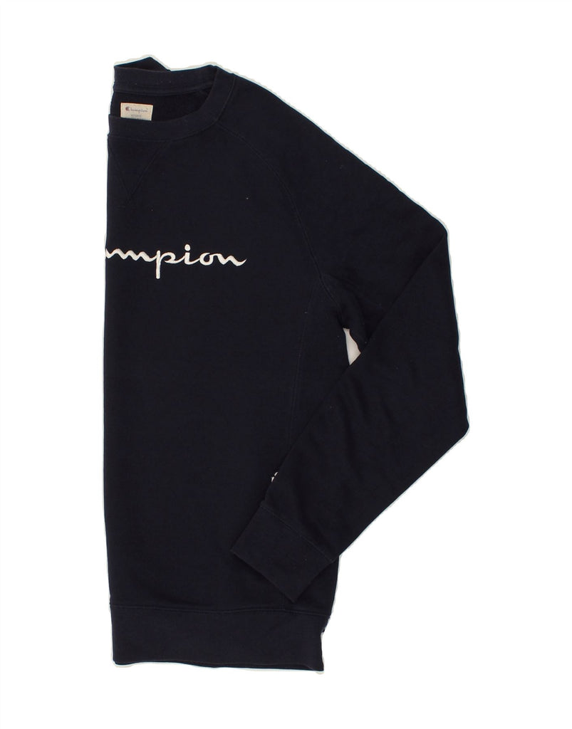 CHAMPION Mens Graphic Sweatshirt Jumper Medium Navy Blue Cotton | Vintage Champion | Thrift | Second-Hand Champion | Used Clothing | Messina Hembry 