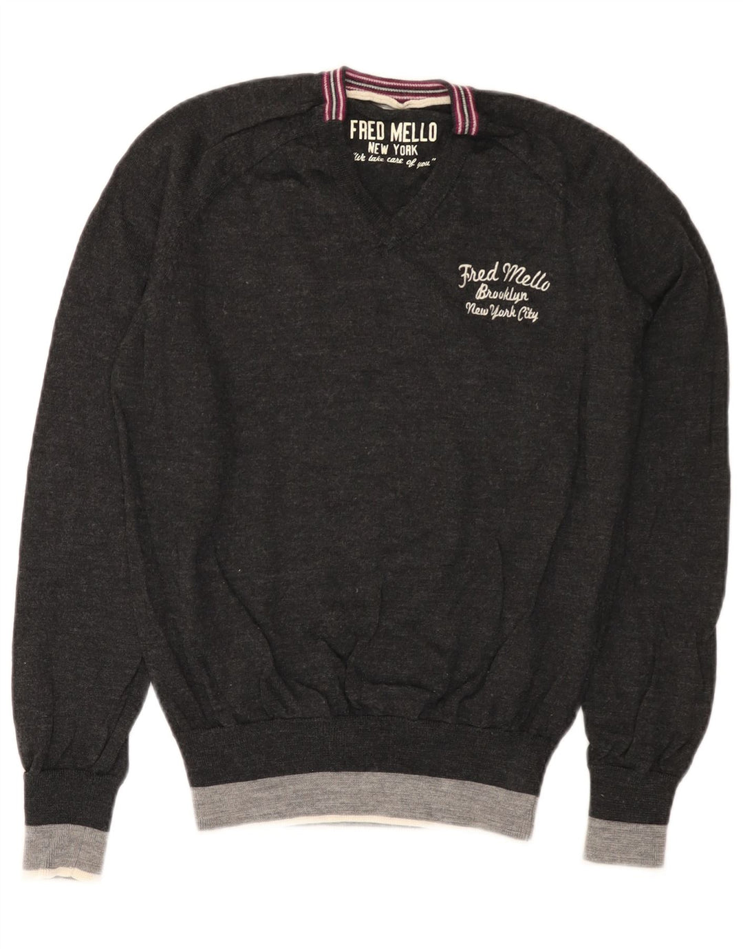 Fred Mello Womens Graphic V-Neck Jumper Sweater UK 10 Small Grey