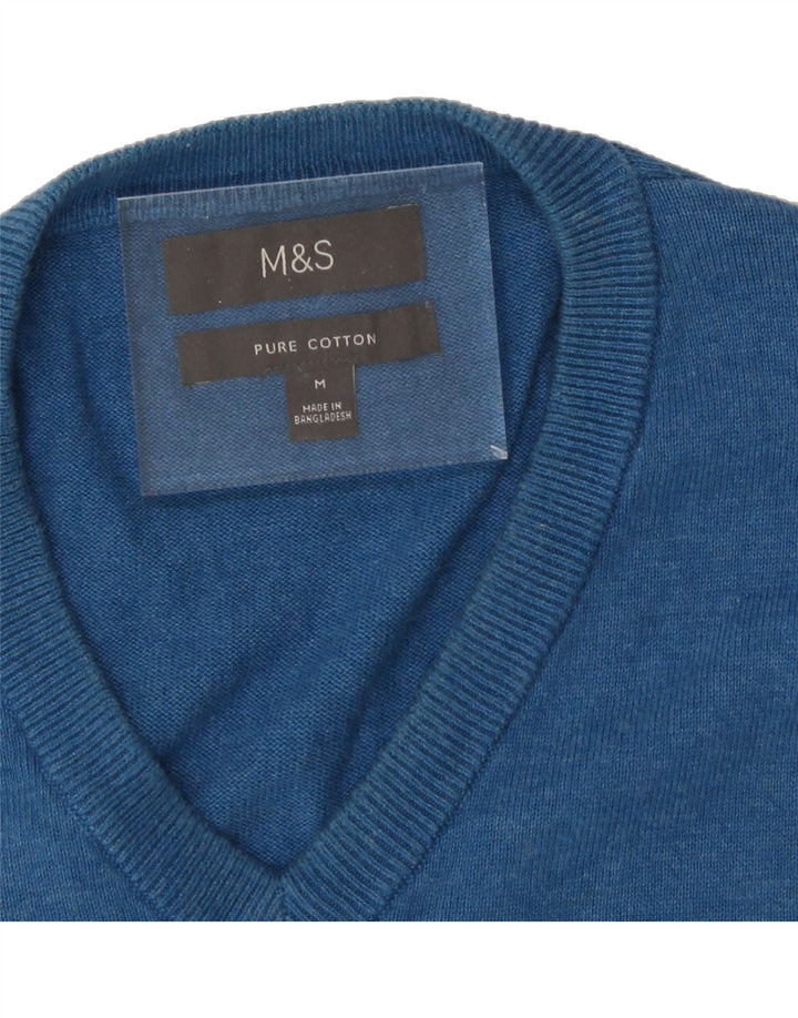 MARKS & SPENCER Mens V-Neck Jumper Sweater Medium Blue Cotton Vintage Marks & Spencer and Second-Hand Marks & Spencer from Messina Hembry 