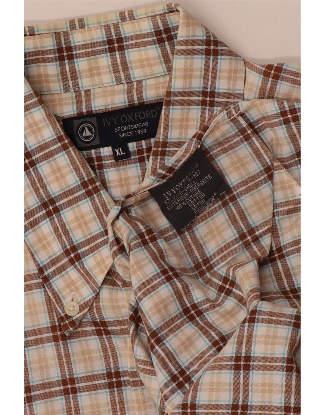 Ivy Oxford Mens Shirt XL Brown Check Cotton
