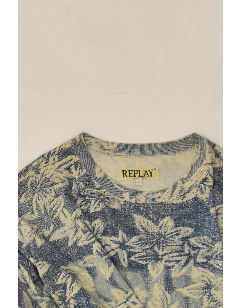 REPLAY Mens Graphic T-Shirt Top Large Blue Floral Cotton Hawaiian | Vintage Replay | Thrift | Second-Hand Replay | Used Clothing | Messina Hembry 
