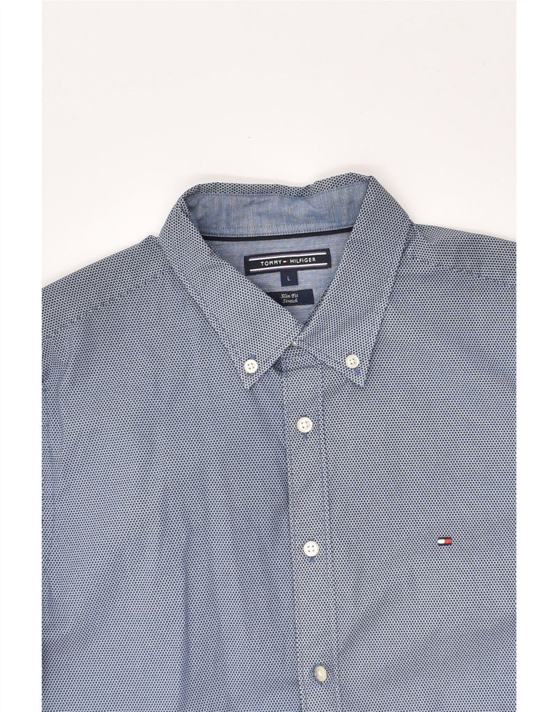 TOMMY HILFIGER Mens Stretch Slim Fit Shirt Large Navy Blue Geometric | Vintage Tommy Hilfiger | Thrift | Second-Hand Tommy Hilfiger | Used Clothing | Messina Hembry 