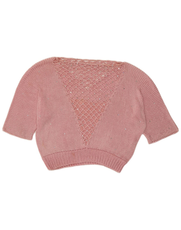 Vintage Womens Crop Boat Neck Jumper Sweater UK 14 Medium Pink Spotted