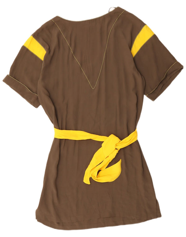 Vintage Womens Short Sleeves Tunic Dress UK 16 Large Brown Colourblock