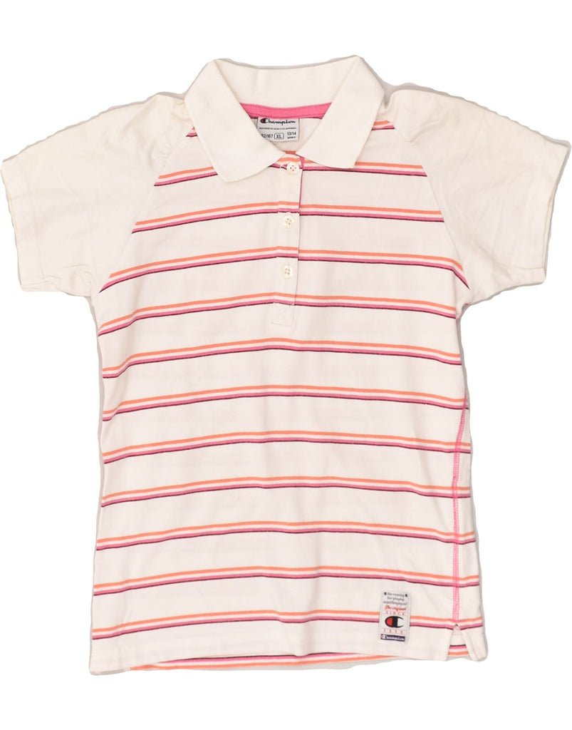 CHAMPION Girls Polo Shirt 13-14 Years XL White Striped Cotton | Vintage Champion | Thrift | Second-Hand Champion | Used Clothing | Messina Hembry 